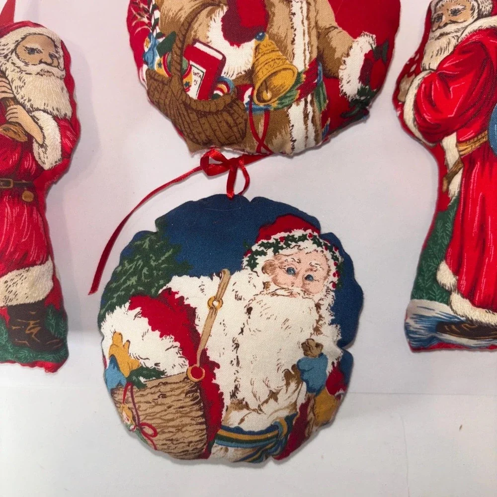 4 Vintage Fabric Pillow Christmas Ornaments Father Christmas Santa